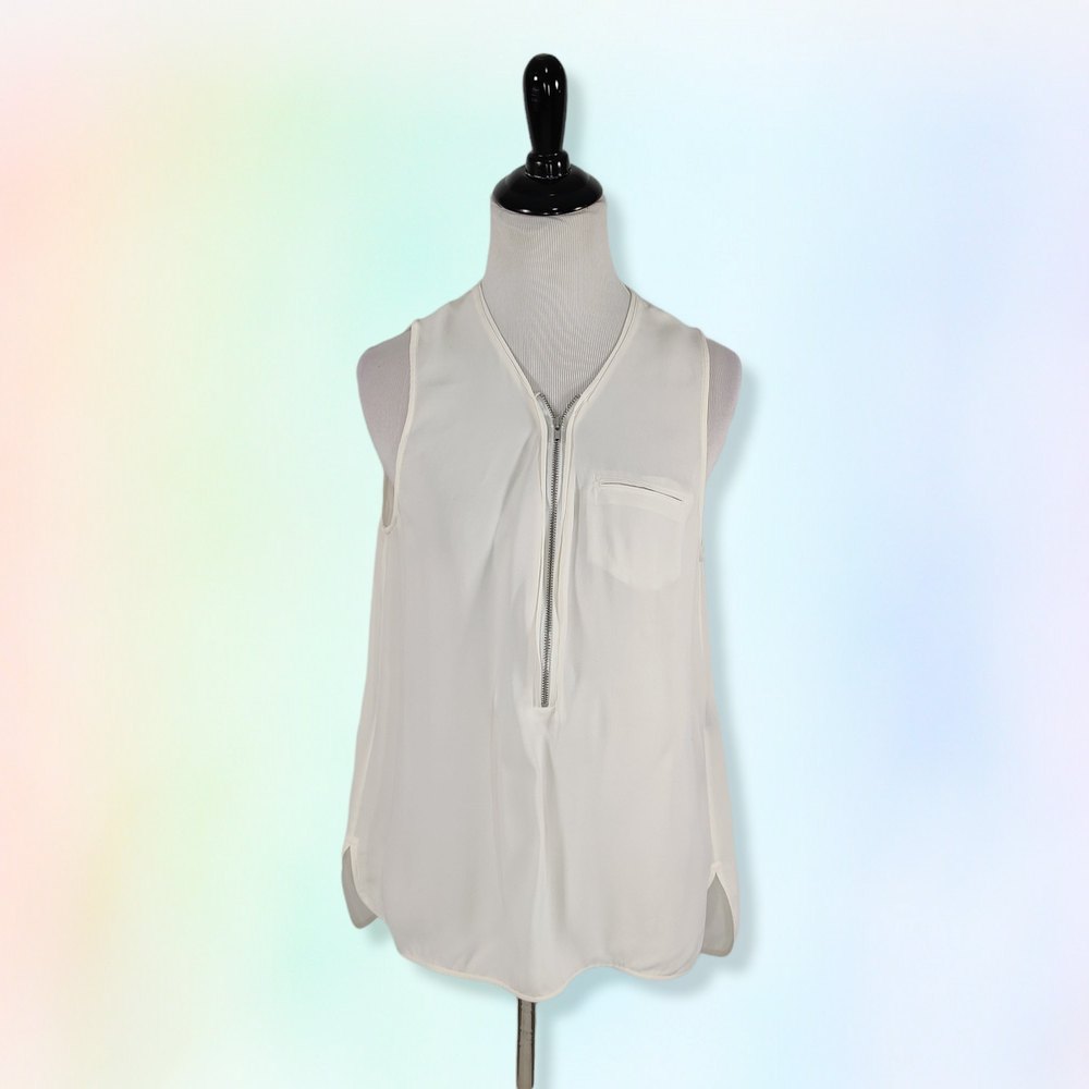 The Kooples Women's L Silk Front Zip Blouse Tank White